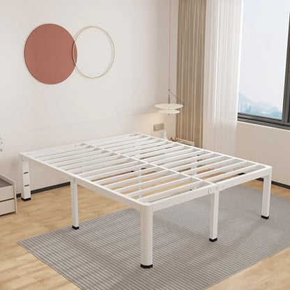 ROIL 18 Inch White Queen Bed Frame with Rounded Corner & 4 Mattress Baffles | Easy Assembly, Noise Free, 3500LBS Load Capacity, No Box Spring Needed, 16.4" Storage Space, Headboard Hole, Heavy Duty Steel - size: Queen, style: 18 Inch White