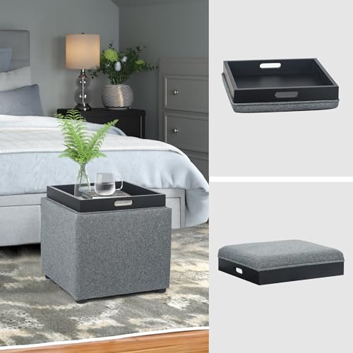 Storage Square Ottoman with Tray, Small Linen Foot Rest Stool Cube, Coffee Table for Dorm Living Room Bedroom, Gray - color: Tray, Grey