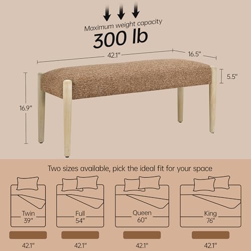 Usaint 42" End of Bed Bench with Wood Legs, Orange with Oak Leg | Modern Upholstered Bedroom Bench with Rubberwood Legs, Entryway Bench with Cushion, Dining Bench for Living Room, Bedroom - color: Orange With Oak Leg