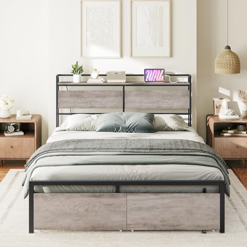 HOOBRO Queen Size Headboard, Headboard with 2 Outlets and 4 USB Ports, Adjustable Height, Storage Rack, Sturdy and Stable, Easy Assembly, Greige and Black - color: Greige + Black, size: Queen