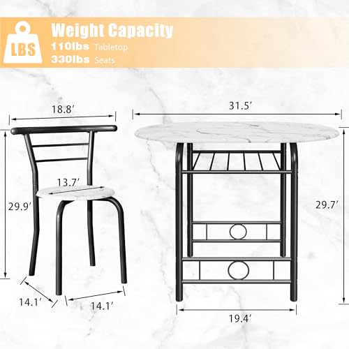JUMMICO 3-Piece Wooden Round Table & Chair Set | Kitchen Breakfast Nook Wood Grain Tabletop with Metal Frame and Built-in Wine Rack for Kitchen, Dining Room (White/Black) - color: White/Black