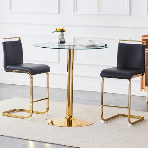 3-Piece Round Bar Table Set,Counter Height Dining Table Set,35" Tempered Glass Pub Table and Black Chairs,Round Gold bar Table Set for 2 for Small Spaces,Bistro,Kitchen,Cafe(36" H - color: Gold&black