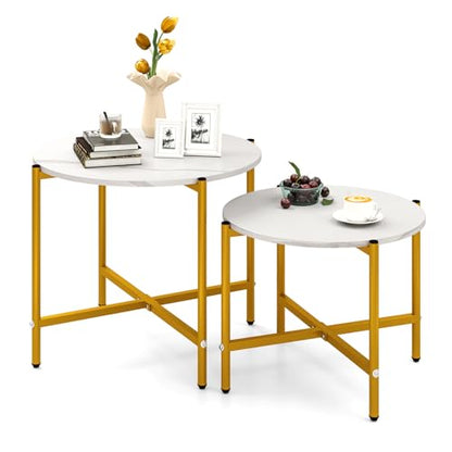 GOFLAME Nesting Coffee Table Set of 2, Round Coffee Tables with Wood Tabletop & Heavy-Duty Metal Frame, Modern Circle End Table & Side Tables, Nesting Tables for Living Room, Bedroom (White) - color: White