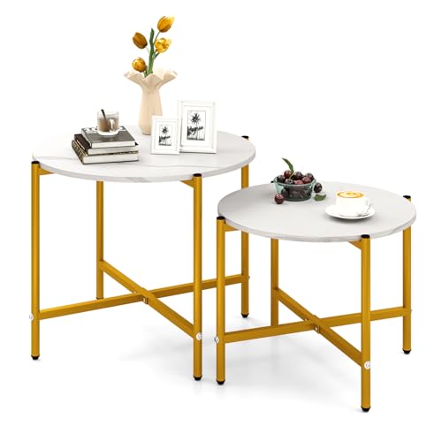 GOFLAME Nesting Coffee Table Set of 2, Round Coffee Tables with Wood Tabletop & Heavy-Duty Metal Frame, Modern Circle End Table & Side Tables, Nesting Tables for Living Room, Bedroom (White) - color: White