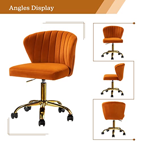 TINA'S HOME Office Desk Chairs with Wheels & Gold Base, Modern Velvet Cute Armless Office Chair, Adjustable Low Back Swivel Rolling Chair, Upholstered Task Chair for Living Room Vanity Study-Orange | Modern Velvet Cute Armless Office Chair, Adjustable Low
