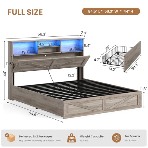 AOGLLATI Full Size Bed Frame with Storage Bookcase Headboard and 4 Drawers,Wooden Farmhouse Led Bed Frame Full Size with Charging Station & Metal Slats, Grey - color: Grey, size: Full