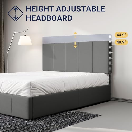 Allewie Queen Size Dutch Velvet Upholstered Platform Bed Frame/Vertical Channel Tufted Adjustable Headboard/Low Profile Bed Frame/No Box Spring Needed/Easy Assembly/Grey - color: Grey, size: Queen