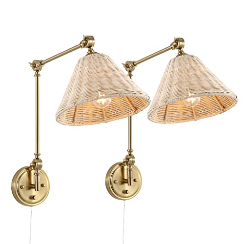 WINGBO Wall Sconce Rattan Wrapped Wall Lamp, Large Lampshade, Adjustable Swing Arm Wall Light Gold Vintage Bedside Light Fixture Wicker Handmade Shade Brass Reading Light Plug in or Hardwire (2 Pack) - color: Gold