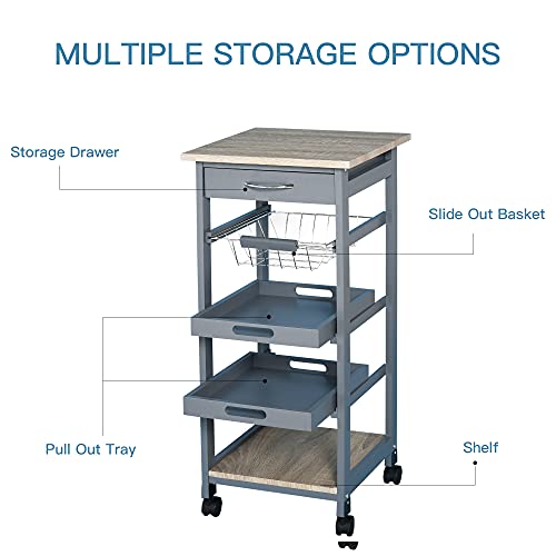 HOMCOM Mobile Kitchen Cart with Storage Solid Wood Frame Utility Cart Gray | Rolling Kitchen Island, Wire Fruit Baskets, Trays, Drawer - color: Grey
