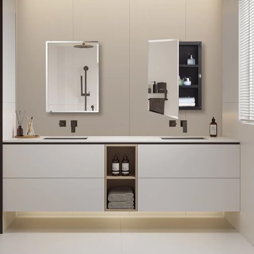 DYLLOR Black Plastic Medicine Mirror Cabinet for Bathroom with 16 x 26 inch Beveled Edge Mirror, Recessed and Surface Mount - color: Black, size: 16x26 inch Beveled Edge Mirror