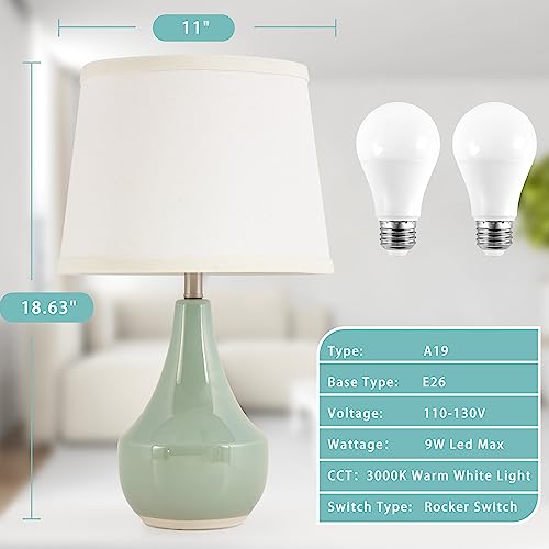 18" Table Lamp Set of 2, Ceramic Table Lamp Classic Beside Lamps Nightstand Lamp Modern Lamp for Living Room, Bedroom & Office Rocker Switch Sage Green-LED Bulbs Included - color: 18.63" Sage Green