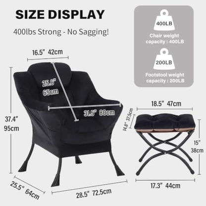 Lazy Chair with Ottoman, Comfy Reading Accent Chair, Velvet Black | Foldable Footrest, Padded Seat and Backrest, Side Pocket for Lounging in Living Rooms, Bedrooms, Dorms and Small Spaces - color: Black