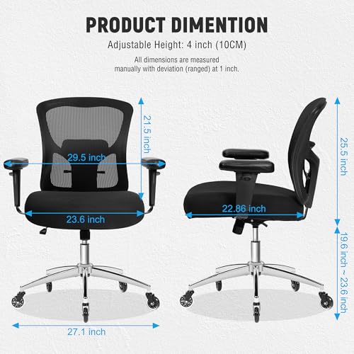 Big and Tall Office Desk Chair with Lumbar Support, 600lbs Heavy Duty Mesh Ergonomic Computer Chair with Armrest and Wide Comfy Seat, Swivel Wheels for Adult, Black - size: 605LBS