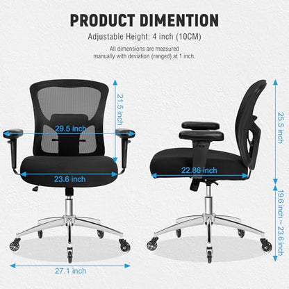 Big and Tall Office Desk Chair with Lumbar Support, 600lbs Heavy Duty Mesh Ergonomic Computer Chair with Armrest and Wide Comfy Seat, Swivel Wheels for Adult, Black - size: 605LBS