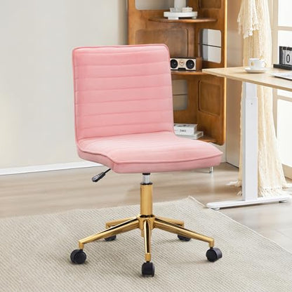 Furnimart Pink Swivel Armless Desk Chair with Wheels, Small Velvet Upholstered Home Office Desk Chair Mid-Back Adjustable Chair for Teen Girl Vanity Desk Bedroom Dorm Living Room (Velvet-Pink) - color: Velvet-pink