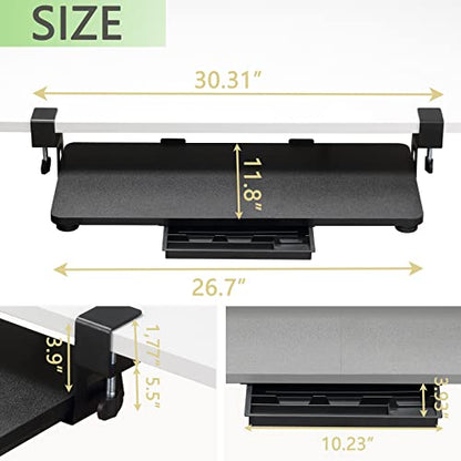 ETHU Keyboard Tray Under Desk, 26.77" X 11.81" Large Size Keyboard Tray with C Clamp-on Mount Easy to Install, Computer Keyboard Stand, Ergonomic Keyboard Tray for Home and Office (Black) - color: Black