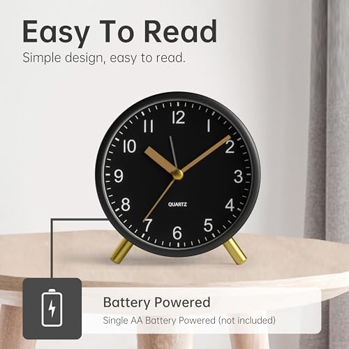 JALL Analog Alarm Clock, 4 inch Super Silent Non Ticking Small Clock with Night Light, Battery Operated, Simple Design, Easy Setting for Office, Bedroom, Bedside, Desk, Teens, Elders, Adult, Black - color: Black+gold
