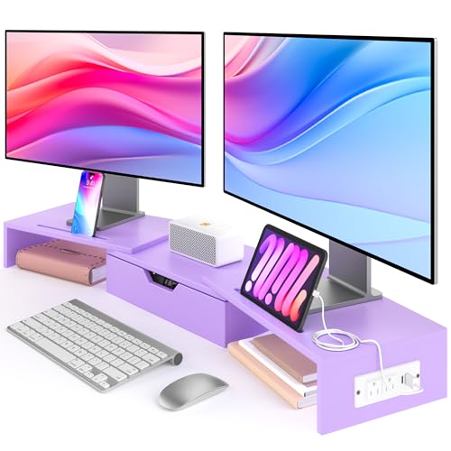 Dual Monitor Stand with USB Ports Wood Monitor Stand Riser with Drawer | Adjustable Desk Shelf,Desk Organizer for Computer,Laptop,Study&Office,No Assembly Required,Pink