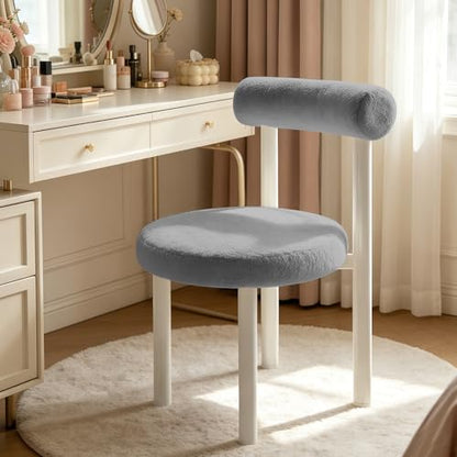 Cute Small Armless Desk Chair, Ergonomic Comfy Vanity Chairs Lumbar Support with Back for Makeup, Teddy Fabric Computer Desk Chair for Home, Bedroom, Vanity, Teens, Adults - color: Grey