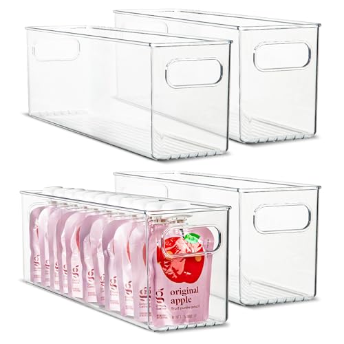 Plastic Food Storage 4 Pack Clear Container Bin with Handles for Organizing Kitchen, Pantry, Refrigerator, Freezer, Pantry, Cabinet, Closet, Bathroom. 14”x4”x5” - size: 14x4x5