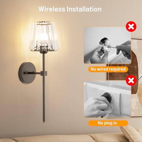 Crystal Battery Operated Wall Sconces Set of 2, Brown Rechargeable Wireless Wall Lights with Crystal Lampshade, 12 RGB and 3CCT Dimmable Wall Lamps with Remote for Bedroom Living Room Hallway - color: Brown