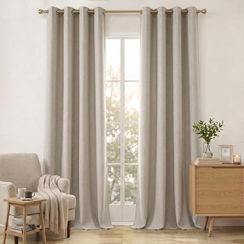 100% Blackout Linen Curtains for Bedroom, Beige Blackout Curtains 63 Inch Length Farmhouse Thick Textured Window Curtains for Living Room,Grommet Room Darkening Curtains,52" W x 63" L,(2 Panels) - color: Beige Linen, size: 52"W x 63"L (Pack of 2)