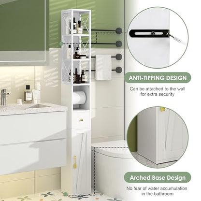 VECELO Tall Narrow Storage Cabinet with X-Frame Metal Design, Slim Freestanding Bathroom Cabinet with Toilet Paper Holder, Magnetic Door & Drawer, for Small Spaces, 7.9" D x 7.9" W x 67" H, White - color: Hollow Top