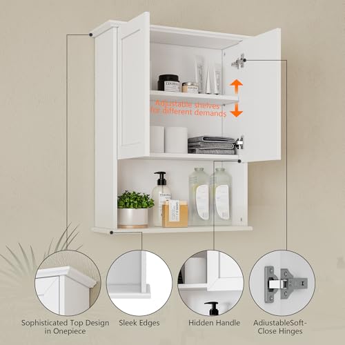 Bathroom Wall Cabinet, Over The Toilet Storage Cabinet, 24x30 Inch Bathroom Medicine Cabinet with 2 Door & Adjustable Shelves, Bathroom Cabinet Wall Mounted, for Laundry Room, Kitchen - color: White
