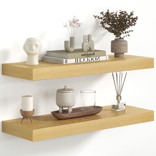 Fun Memories 24 Inch Floating Shelves - Deep Rustic Wooden Wall Shelves - Extra Deeper & Thicker Wall Mounted Storage Shelf for Bedroom, Kitchen, Farmhouse - 2 Pack, Oak - color: D. Oak, size: 24 x 8 Inch