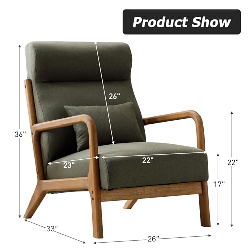 Mid Century Modern Accent Chair with High Back, Upholstered Living Room Chairs with Waist Cushion, Wood Frame Reading Armchair for Bedroom Sunroom, Green - color: Blackish Green