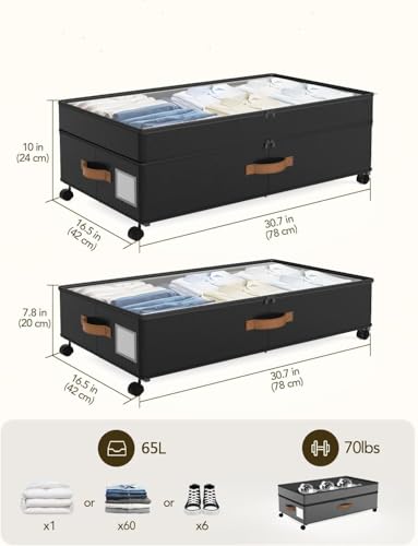 Under Bed Storage with Wheels, 72L XXL Under the Bed Storage Containers Large, 10‘’ Tall Adjustable Storage for Underbed with Lids