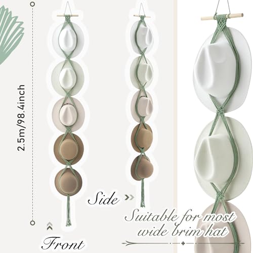 Macrame Hat Hangers Racks Boho Cowboy Hats Holders Western Display Organizer Storage decor Back of Door for Wall(Sage Green,Five Hats Style) - color: Sage Green, style: Five Hats Style