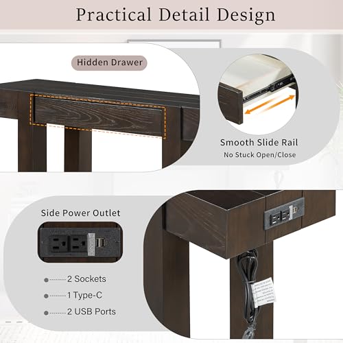 Rustic Console Table with Hidden Drawer, Wooden Sofa Table Behind Couch | Side Power Outlet,for Entryways, Living Room, Foyer, Espresso - color: Espresso