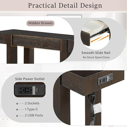 Rustic Console Table with Hidden Drawer, Wooden Sofa Table Behind Couch | Side Power Outlet,for Entryways, Living Room, Foyer, Espresso - color: Espresso