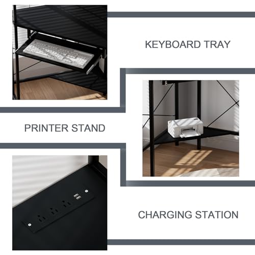 Corner Desk with Hutch and LED Light, Keyboard Tray, Black - color: Black