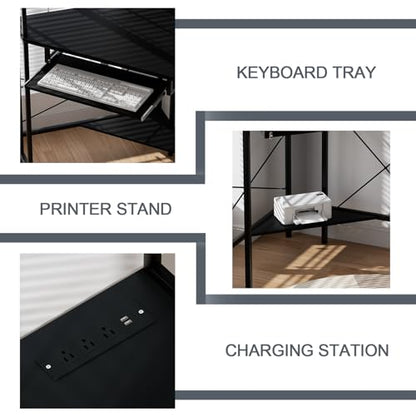 Corner Desk with Hutch and LED Light, Keyboard Tray, Black - color: Black