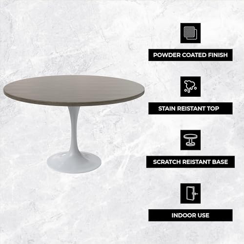 LeisureMod Verve Mid-Century Modern Dining Table with a 48" Round MDF Tabletop and White Steel Pedestal Base for Kitchen and Dining Room (Dark Maple) - color: Dark Maple Wood, size: 48 inch Wide