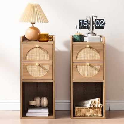 Narrow Nightstand Set of 2 (Rattan & Wood) - Small Bedside Table with 2 Drawers, Open Shelf, Mid Century Modern End Table - for Bedroom, Living Room & Small Spaces, Rustic Oak Rattan - color: Rustic Oak Rattan, size: 9.9"W (2 Pc)