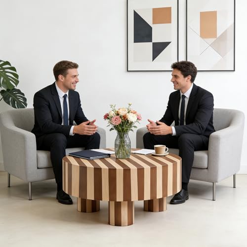 31.5" Modern Round Wood Coffee Table MDF Center Table Striped Design Modern Dinning Table for Living Room, Office, Apartment.(Stripes) - color: Color Mixing