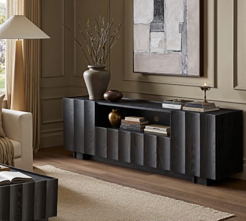 win2win 61" Modern TV Stand with Storage, Wave Design, Black | Media TV Console for Living Room Bedroom, Entertainment Center for 70 Inch TV, Wood Grain Finish, Adjustable Shelves - color: Black