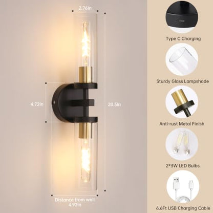 Shenmoyl Set of 2 Wall Sconces, 7800 mAh Battery Operated Wall Sconce with 3 Colors & Remote Control, Black Gold Rechargeable Wall Lamp with Clear Glass Shade for Bedroom, Bathroom, Stairwell, Hallway - color: Double-head Black&Gold - Clear Glass