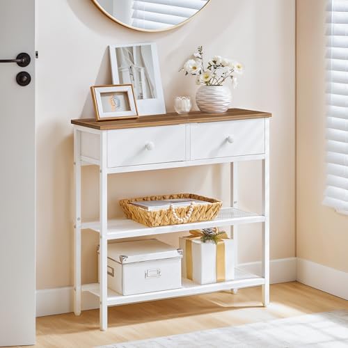 HOOBRO 29.5" Narrow Console Table with 2 Fabric Drawers, Sofa Table, Small Entryway Table with 3-Tier Storage Shelves, Behind Couch Table, for Living Room, Hallway, Walnut and White WH72XG01 - color: Walnut + White