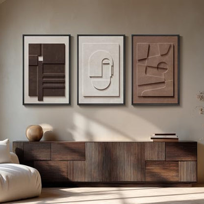 Large 3D Textured Framed Neutral Abstract Wall Art Set, 3 Piece, 20x30 In | Solid wood frames, sculptural relief details, white and brown tones, ready to display in living room, bedroom and lounge - color: Brown White, size: 20"w X 30"h X 3pcs