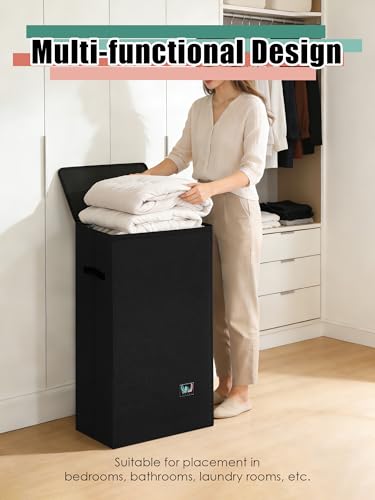 WTREE Laundry Hamper with Lid, Reinforced Sturdy Clothes Hamper with Anti-Puncture Base, Large Collapsible Laundry Basket with Removable Liner Bag, Tall Dirty Clothes Bin for Family, 100L Black - color: Black