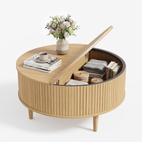 31.5" Round Coffee Table with Lifting Top, Storage for Living Room, Oak | Fluted Center Table, Mid Century Modern Design for Home Office and Small Space with 4 Hidden Compartments - color: Oak