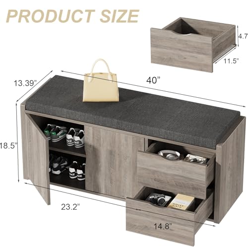 LVB 2-Tier Storage Bench with Padded Cushion, Entryway Bench with 2 Drawers | 2 Barn Doors & Adjustable Shelf, Industrial Style for Foyer, Bedroom, Living Room, Greige, 40 Inch - color: Greige