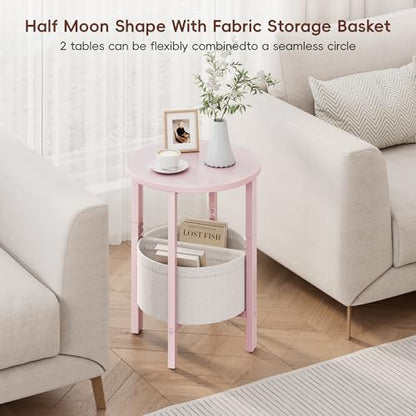 Small Round Side Table, Accent End Table with Storage Basket, Set of 2 Half Round Coffee Table End Table, Half Moon Bedside Table, Modern Nightstand Couch Table for Living Room Bedroom, Pink - color: Pink