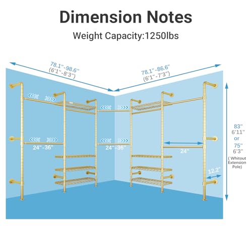 L5 Expandable Wall Mounted Clothes Rack for Corner, L Shape Heavy Duty Industrial Pipe Clothing Rack with 8 Adjustable Shelves & 4 Hanger Rods, Closet System for Hanging Clothes, Gold - color: Gold