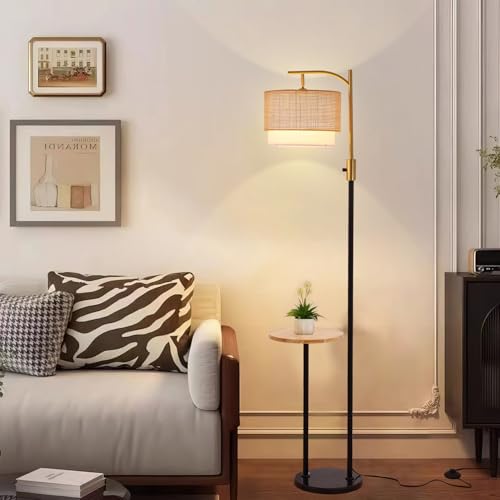 Dimmable Floor Lamp with Table and Marble Base, Arc Floor Lamp with Bulb, Boho Farmhouse Standing lamp with Fabric & Bamboo Shades for Living Room Bedroom - color: Black and Gold 03