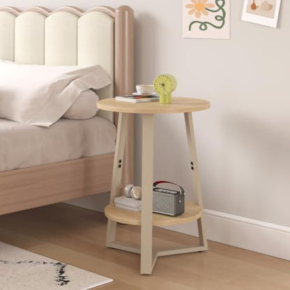 sthmec Small Round End Table, 2 Tier Side Table with Storage Shlef,Coffee Table Wooden Tabletop & Metal Frame,Round Accent Table Small Nightstands Couch Tables for Bedroom,Livingroom, Natural - color: Natural